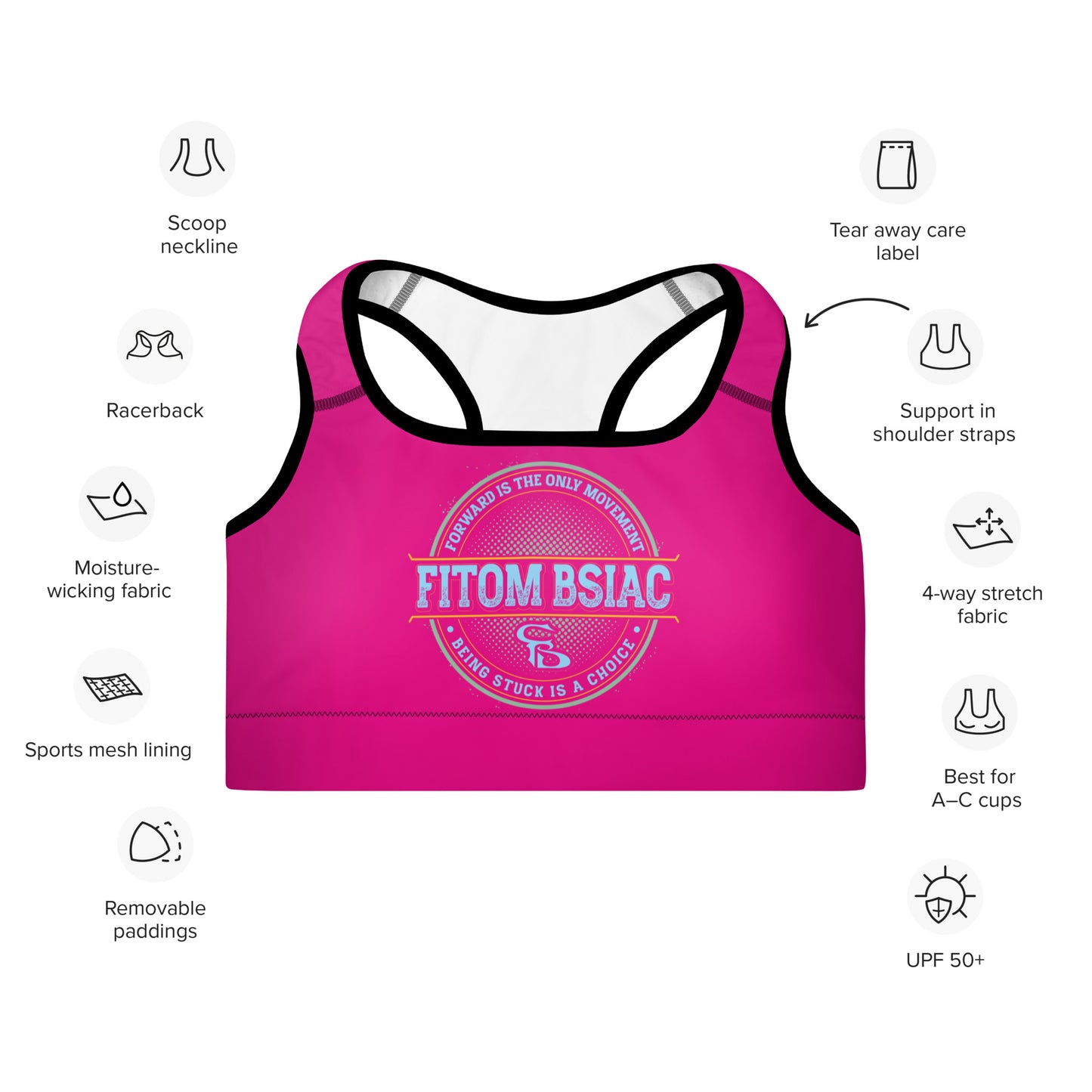 Padded Sports Bra (Medium Violet Red - Black Logo & Frame)